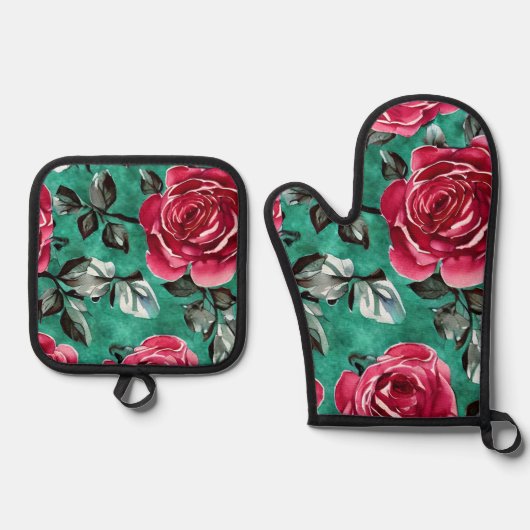 Rode Rose Oven Mitt en Potholder Set (Voorkant)