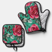 Rode Rose Oven Mitt en Potholder Set (Voorkant / Achterkant)