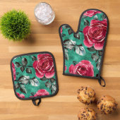 Rode Rose Oven Mitt en Potholder Set (Top down)
