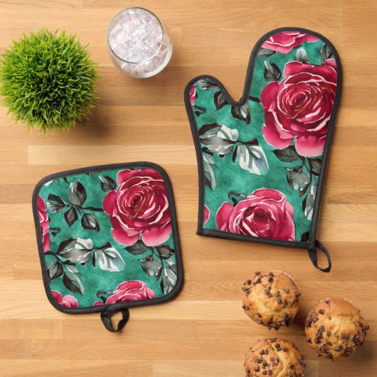 Rode Rose Oven Mitt en Potholder Set (Top down)