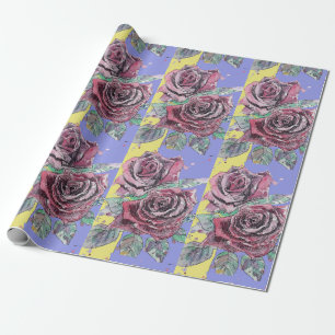 Rode Rose Paarse lentebloemen Waterverf Cadeaupapier