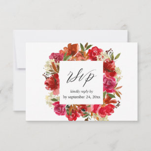 Rode Rose & Roze Bloemen met Maaltijd RSVP Kaartje