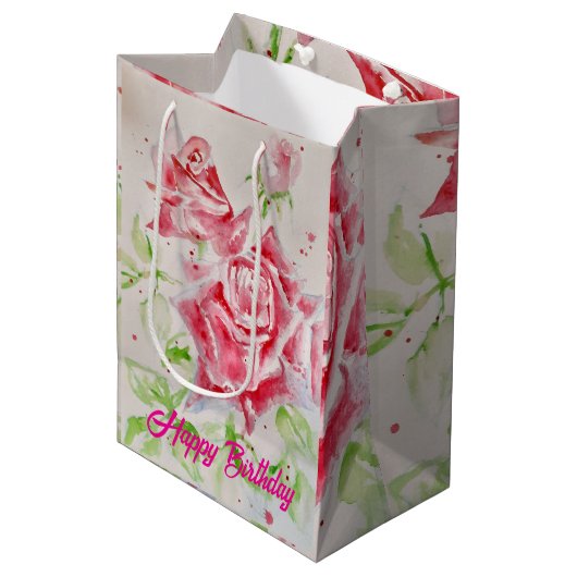 Rode Rose Rozen Aquarel Bloem Bloem Roze Medium Cadeauzakje (Voorkant Gekanteld)