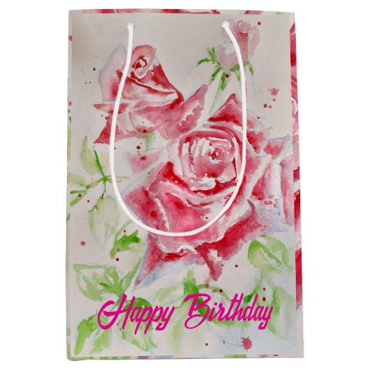 Rode Rose Rozen Aquarel Bloem Bloem Roze Medium Cadeauzakje (Voorkant)
