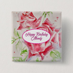 Rode Rose Rozen Bloempatroon Papier Party Bord Vierkante Button 5,1 Cm