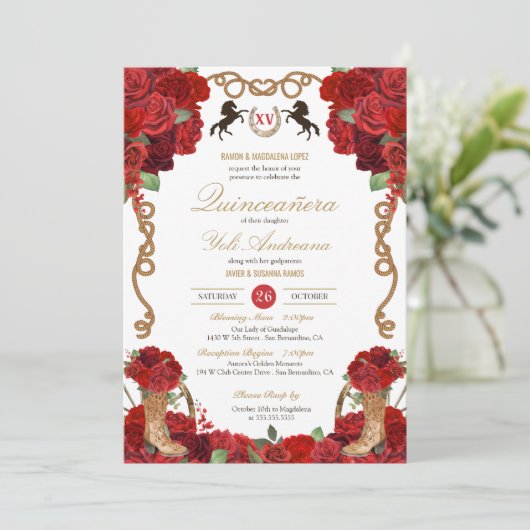 Rode Rose Rustieke Elegante Charro Quinceañera Kaart (Staand voorkant)
