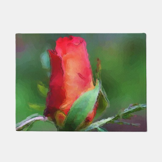 Rode Rosebud Flower Waterverf foto schilderen Deurmat (Voorkant)