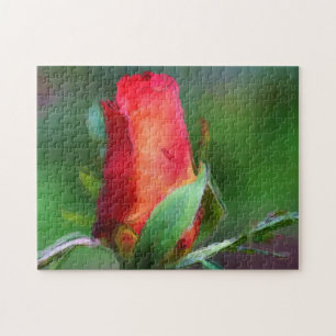 Rode Rosebud Flower Waterverf foto schilderen Legpuzzel