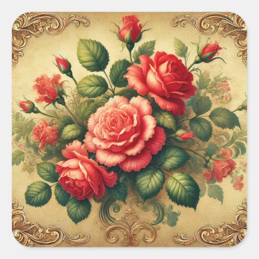  Rode RoseFloral Elegant Goud Vierkante Sticker (Voorkant)