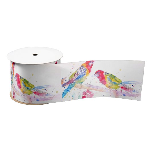 Rode Rosella Parrot Aquarel Schilderij Blauwgroen Satijnen Lint (Spoel)