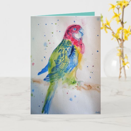 Rode Rosella Parrot Waterverf Birthday Kaart (Gele Bloem)