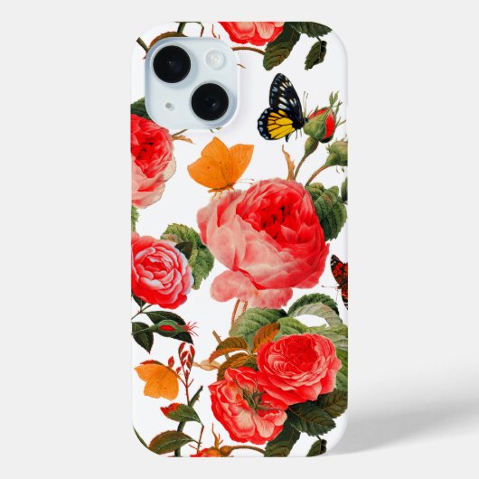 RODE ROSES, GEEL BUTTERFLIES Witte Floral Case-Mate iPhone Case (Achterkant)
