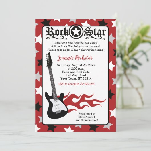 Rode Rots Ster Gitaar Rock a Bye Baby Shower Uitno Kaart (Staand voorkant)