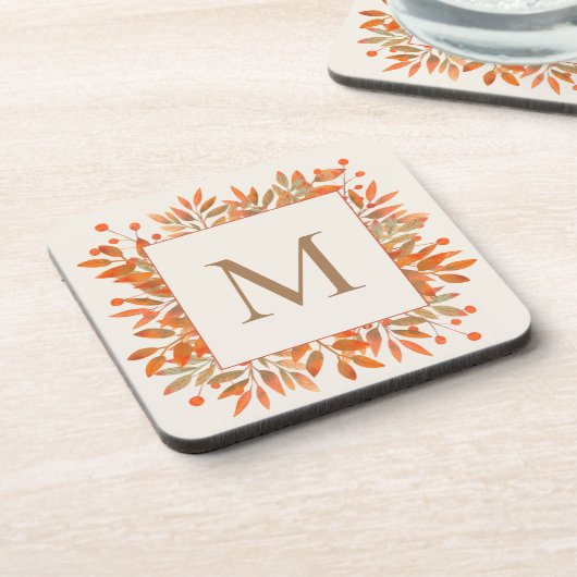 Rode Rowan bessen en herfstbladeren monogram Bier Onderzetter (Linkerzijde)