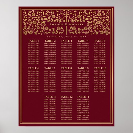 Rode Royal Medieval Sword Wedding Seding Chart Poster (Voorkant)