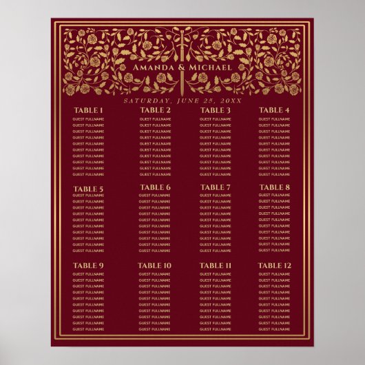 Rode Royal Medieval Sword Wedding Seding Chart Poster (Voorkant)