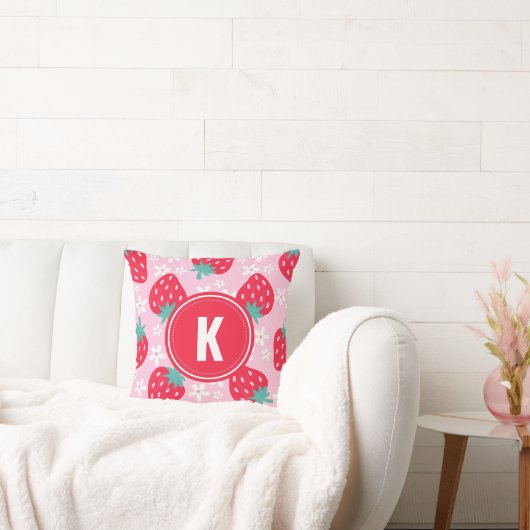Rode Roze Aardbeien Bloemmotief Monogram Kussen (Bank)