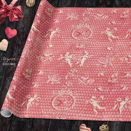 Rode Roze Antiek Cupido Angels en Harten Cadeaupapier