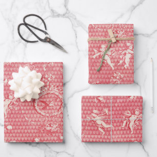 Rode Roze Antiek Cupido Angels en Harten Inpakpapier Vel