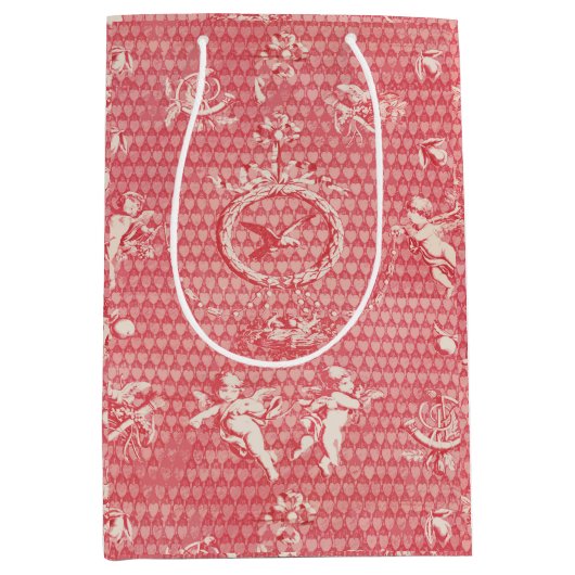 Rode Roze Antieke Cupido Engelen en Harten Medium Cadeauzakje (Voorkant)