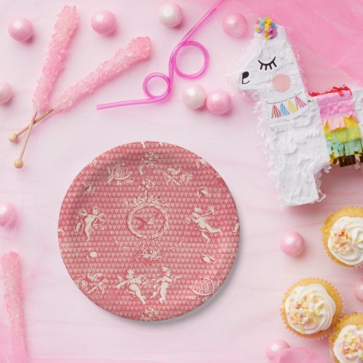 Rode Roze Antieke Cupido Engelen en Harten Papieren Bordje (Feest)