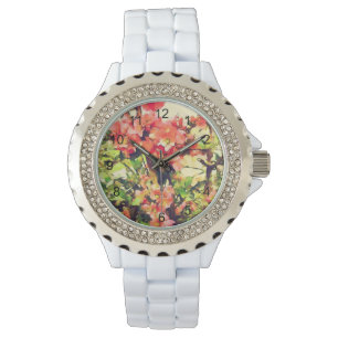 Rode Roze Aquarel Bloemmotief 1 Horloge
