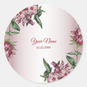 Rode Roze Bloem Groen Bladeren Modern Trouwfeest Ronde Sticker