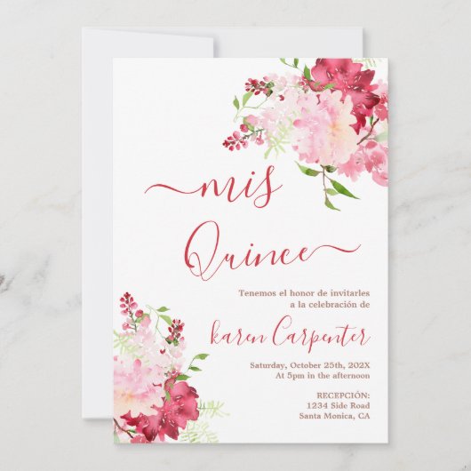 Rode roze bloem Quinceanera Uitnodiging (Voorkant)
