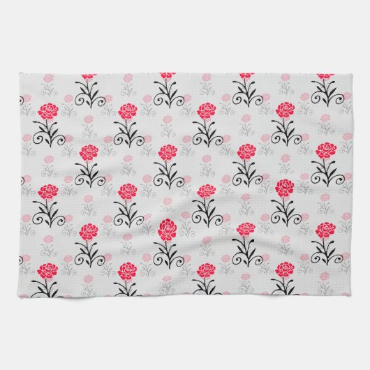 Rode Roze Bloem Stalk Patroon Design Theedoek (Horizontaal)