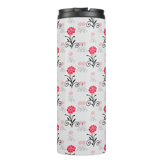 Rode Roze Bloem Stalk Patroon Design Thermosbeker (Achterkant)