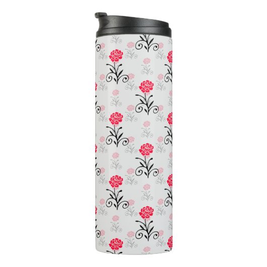 Rode Roze Bloem Stalk Patroon Design Thermosbeker (Geroteerd rechts)
