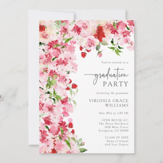 Rode Roze Bloemen Afstudeerfeest Kaart (Voorkant)