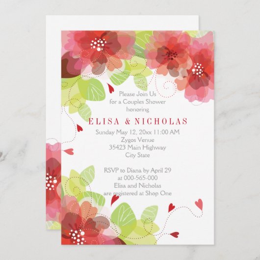 Rode, roze bloemen bloemenbruidsparen douche kaart (Voorkant / Achterkant)