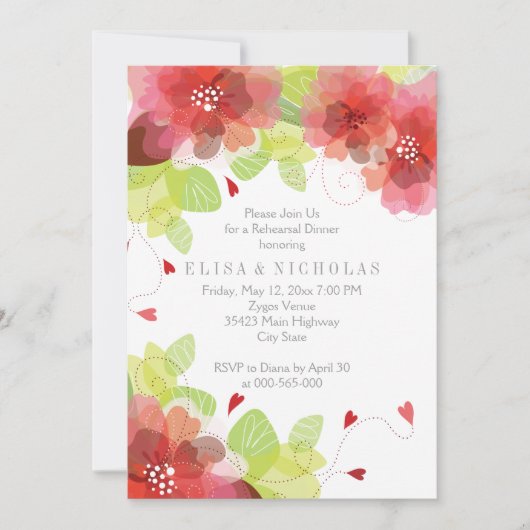 Rode & roze bloemen bloemenrepetitie diner kaart (Voorkant)