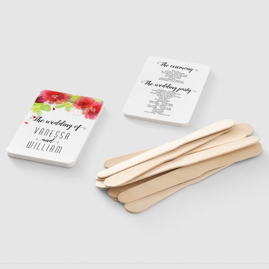 Rode, roze bloemen cursief script bruiloft program handwaaier (Niet-gemonteerd)