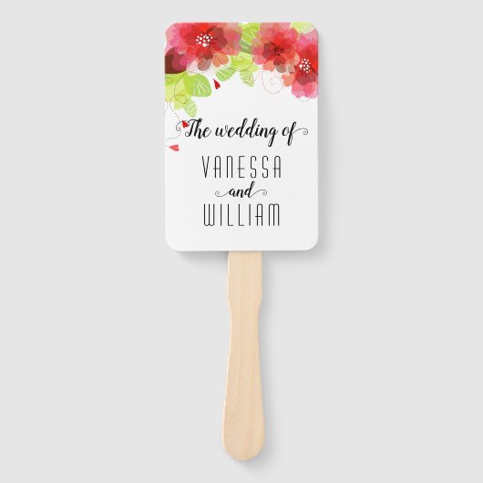 Rode, roze bloemen cursief script bruiloft program handwaaier (Voorkant)