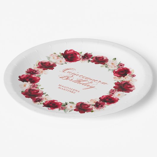 Rode Roze Bloemen Gepersonaliseerde Quinceanera Ve Papieren Bordje (Gekanteld)