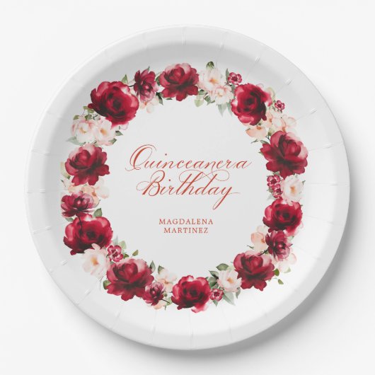 Rode Roze Bloemen Gepersonaliseerde Quinceanera Ve Papieren Bordje (Voorkant)