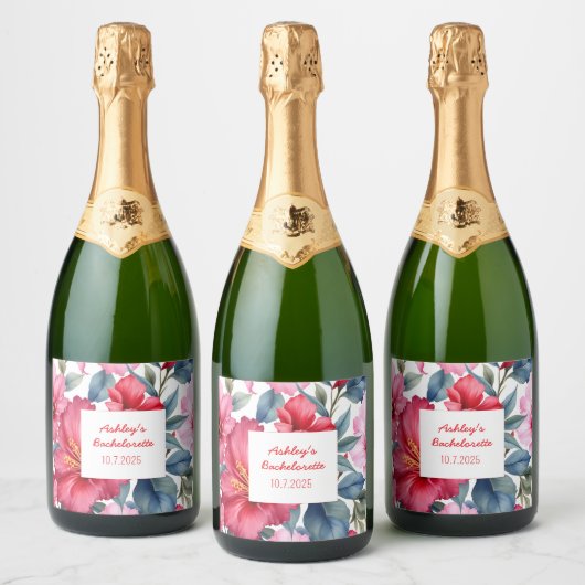 Rode Roze Bloemen Vrijgezellenfeest Tropisch  Sparkling Wijnetiket (Flessen)