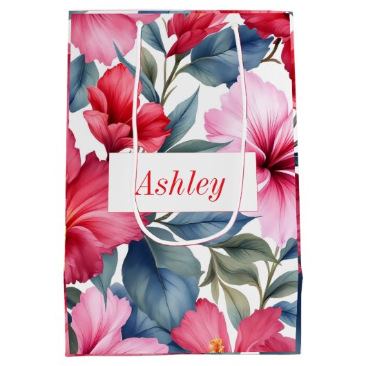 Rode Roze Bloemen Waterverf Hibiscus Elegant Medium Cadeauzakje (Achterkant)