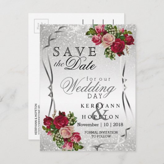 Rode & Roze Bloemen & Zilveren Glitter Save the Da Aankondigingskaart (Voorkant / Achterkant)