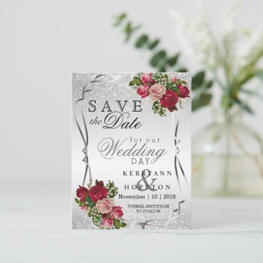Rode & Roze Bloemen & Zilveren Glitter Save the Da Aankondigingskaart (Staand voorkant)