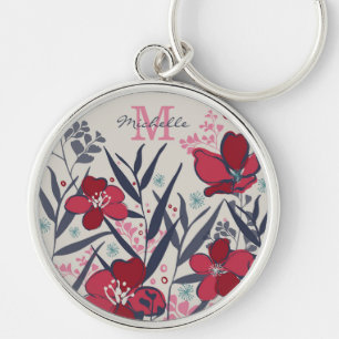 Rode & Roze Bloemige Monogramnaam Sleutelhanger