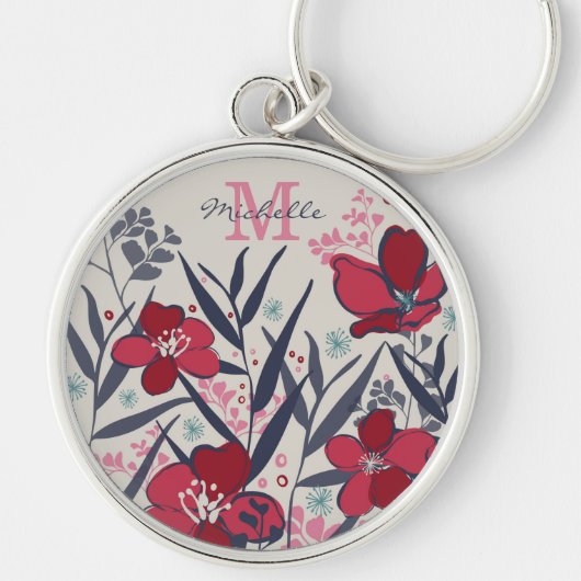 Rode & Roze Bloemige Monogramnaam Sleutelhanger (Voorkant)