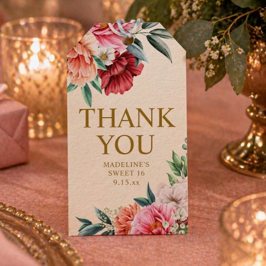 Rode Roze Bloemige Sweet 16 Cadeaulabel