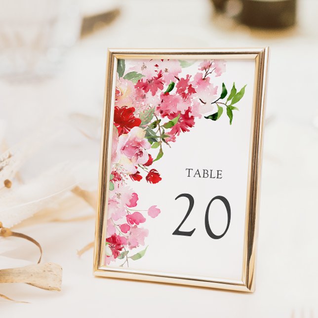 Rode Roze Bloemige Trouwtafel Nummer (Watercolor Red Pink Floral Wedding Table Number
)