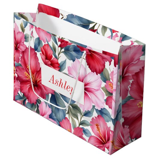 Rode Roze Bloemige Waterverf Elegant Groot Cadeauzakje (Voorkant Gekanteld)