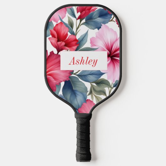 Rode Roze Bloemige Waterverf Elegant Pickleball Paddle (Voorkant)