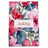 Rode Roze Bloemige Waterverf Hibiscus Elegant Medium Cadeauzakje (Voorkant)