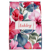 Rode Roze Bloemige Waterverf Hibiscus Elegant Medium Cadeauzakje (Achterkant)